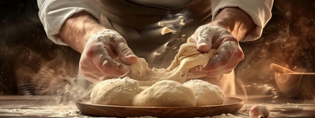 baker chef baking bread making dough mixing with fluor on kitchen table concept of hand made pastry fresh tasty bread - obrazy, fototapety, plakaty