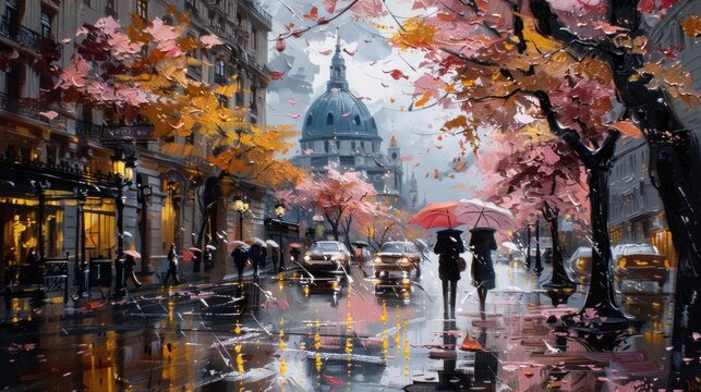 An evocative depiction of a rainy city street, where umbrellas bloom like flowers and reflections dance in puddles, painted with oil colors.