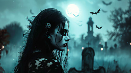 scary halloween background with a ghost girl on a graveyard
