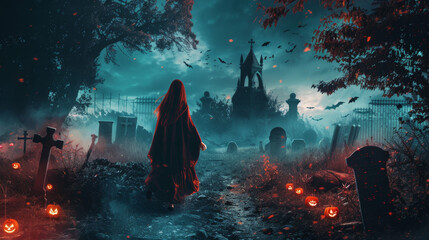 scary halloween background with a ghost girl on a graveyard