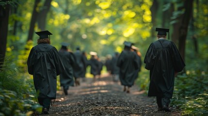 Line of graduates donning caps and gowns, celebrating academic achievement with pride and anticipation - obrazy, fototapety, plakaty