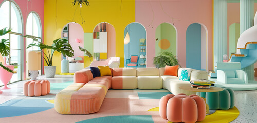 Playful pastel-themed design, multi-colored sectional sofa, retro-inspired armchair. HD brilliance.