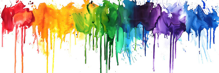 Rainbow splashed watercolor paint stain on transparent background.