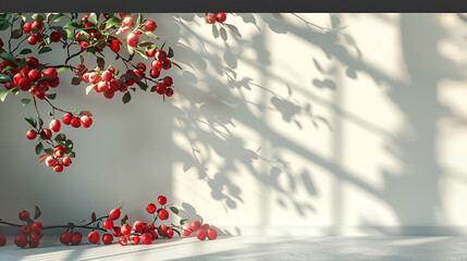 Jewish holiday, apple tree, red apples, white wall, shadows on the wall, light environment, copy space, Generative Ai