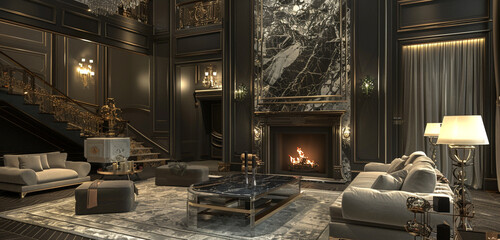 Silver metallic-patterned stone, luxurious fireplace, and extravagant furnishings in an opulent home. - obrazy, fototapety, plakaty