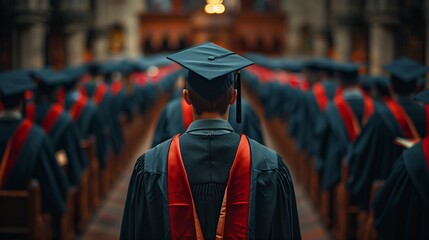 Line of graduates donning caps and gowns, celebrating academic achievement with pride and anticipation