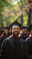 Obraz premium Line of graduates donning caps and gowns, celebrating academic achievement with pride and anticipation