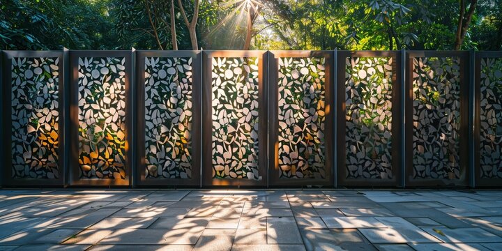 artistic fence featuring metal panels with laser-cut patterns inspired by nature