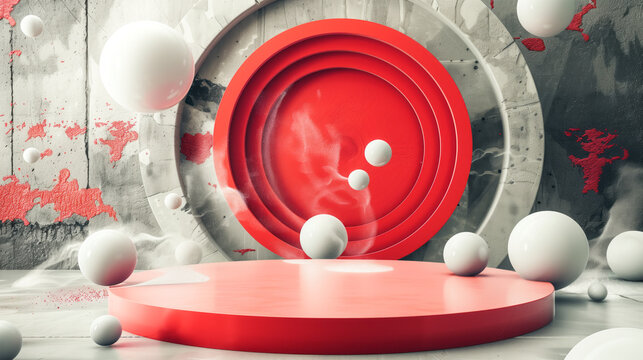 Futuristic red podium with abstract circular backdrop and flying white spheres on graphite background