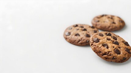 Fototapeta na wymiar Three Chocolate Chip Cookies on a Clean White Background. Perfect for Snack Advertisements. Simple and Delicious Treats. AI