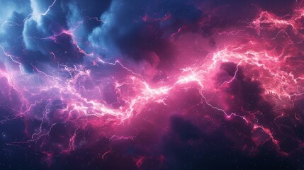 A close up of a bright pink and blue lightning storm, AI