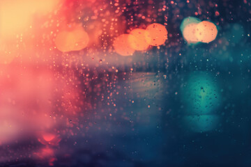 Abstract colorful background with water drops, lights and bokeh. Background image. Created with Generative AI technology.
