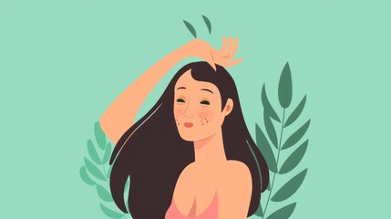 A woman with long hair is holding her head and looking at the leaves, AI