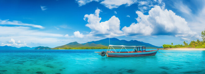 Boat in ocean water, tropical island. Natural landscape