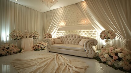 Elegant bridal suite with soft lighting and delicate decorHyperrealistic