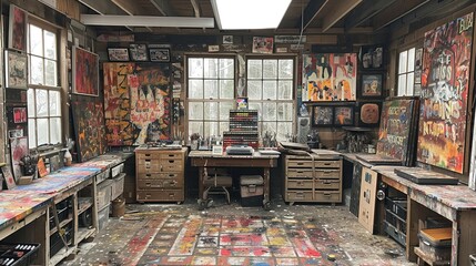 Eclectic artists studio with vibrant artwork and a variety of materialsup32K HD