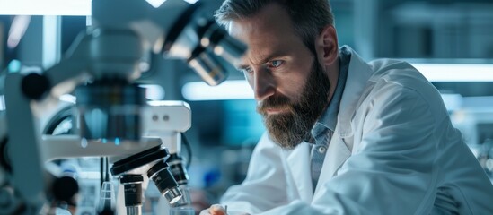 A man in a lab coat looking at a microscope