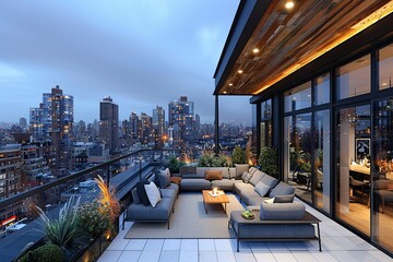 Contemporary rooftop terrace with comfortable lounging areas and city views8K