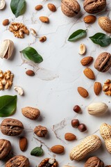 Assorted nuts background with copy space, top view on white, realistic stock photo in vibrant colors