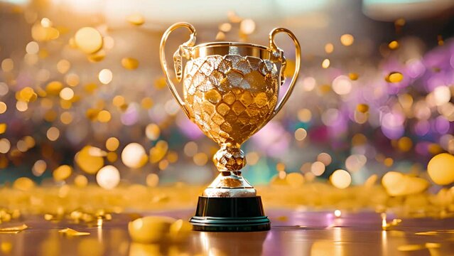 Gold champion trophy, Golden trophy with falling golden confetti, Victory concept Golden sports cup. Winning first place prize in stadium copy space 4k