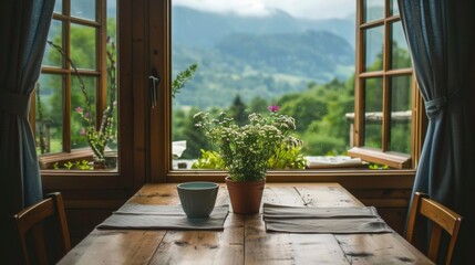 A table with a vase of flowers on it next to an open window, AI