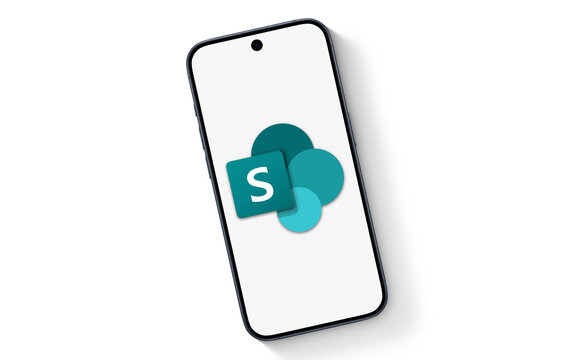 Microsoft Sharepoint logo is displayed on a smartphone, white underground, collaboration, Microsoft 365, team management, file sharing, organization, cloud