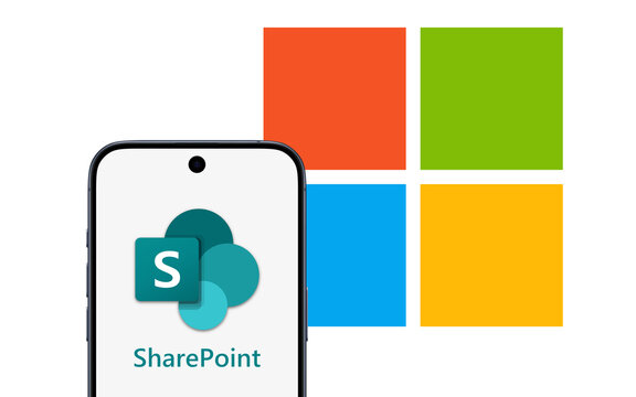 Microsoft Sharepoint logo is displayed on a modern smartphone, Microsoft logo behind it, collaboration Microsoft 365, team management, file sharing
