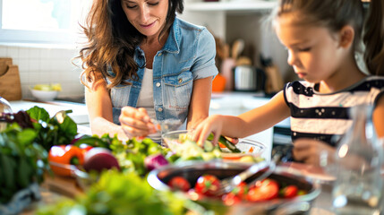 Mom and child are cooking.