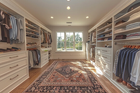 Spacious walk-in closet with custom shelving and an island dresser8K