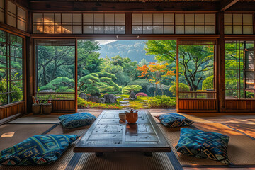 Traditional tea house with wooden architecture and peaceful garden viewsHyperrealistic