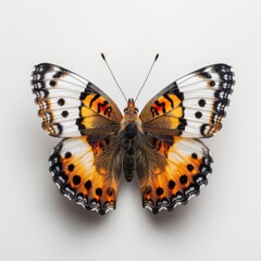 Close-up of a vibrant Painted Lady butterfly with detailed wings, isolated on a pure white background.
