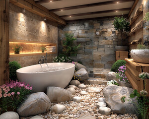 Tranquil spa-like bathroom with a freestanding tub and natural stone tiles8K - obrazy, fototapety, plakaty