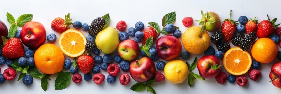 Top view of colorful fruits on white background with space for text, photorealistic stock photo