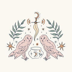Mystical boho line hand drawn owl. Minimalist esoteric owls, moon, dagger, jar kettle. Good for tattoo print, astrology leaflet or app, witchcraft esoteric banner sketch - 774914903