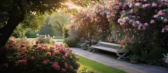 In a serene garden setting, a sturdy bench is placed amidst a variety of vibrant and blooming flowers creating a picturesque scene