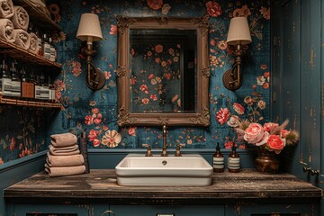 Elegant powder room with floral wallpaper and antique mirror8K