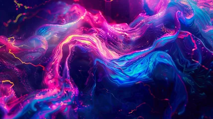 Fotobehang Neon Swirls. Fluorescent streaks of color swirling and intertwining in a mesmerizing dance, illuminating the darkness with their vibrant glow. © shani