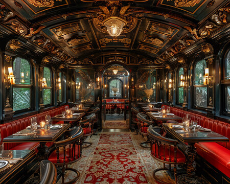 Vintage train car dining experience with period details and intimate seatingsuper detailed