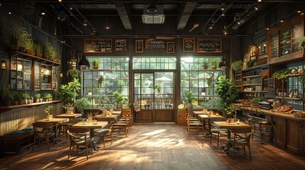 Farm-to-table restaurant interior with rustic decor and open kitchensuper detailed - obrazy, fototapety, plakaty