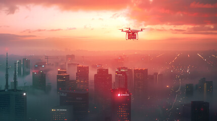 A drone flying above a city skyline, delivering urgent medical supplies to a hospital