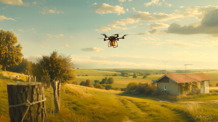 Drone carrying a package over a rural landscape