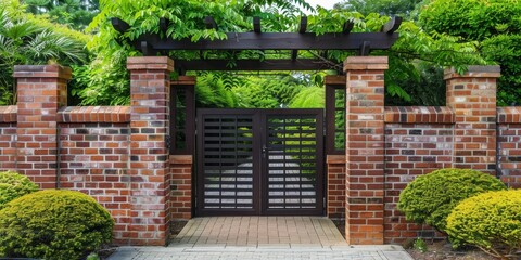 combination of brick columns with wooden slats fence