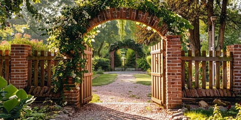combination of brick columns with wooden slats fence
