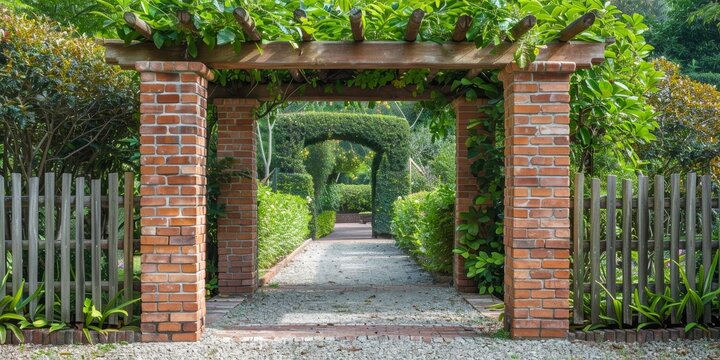 combination of brick columns with wooden slats fence
