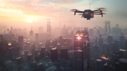 Fototapeta na wymiar A drone flying above a city skyline, delivering urgent medical supplies to a hospital