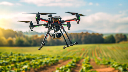 Drone equipped with sensors flying low over agricultural fields, collecting data for crop health...