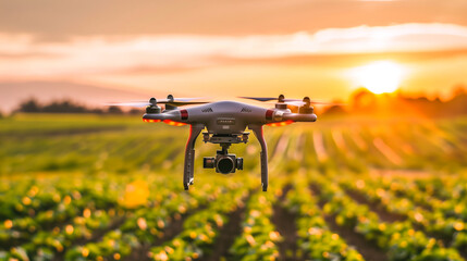 Drone equipped with sensors flying low over agricultural fields, collecting data for crop health analysis