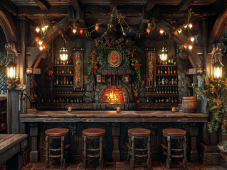 Fototapeta na wymiar Old English pub with dark wood cozy fireplaces
