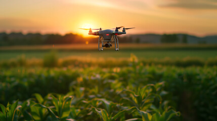 Drone hovering over lush green farmland, capturing images of crops for precision agriculture