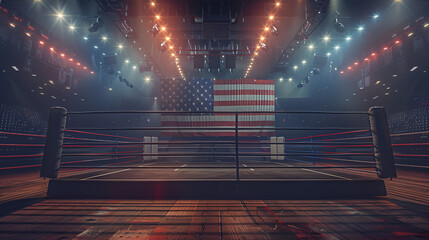 an empty boxing ring in a large arena filled with lights. There is a very large United States flag in the background, sports day, Generative Ai